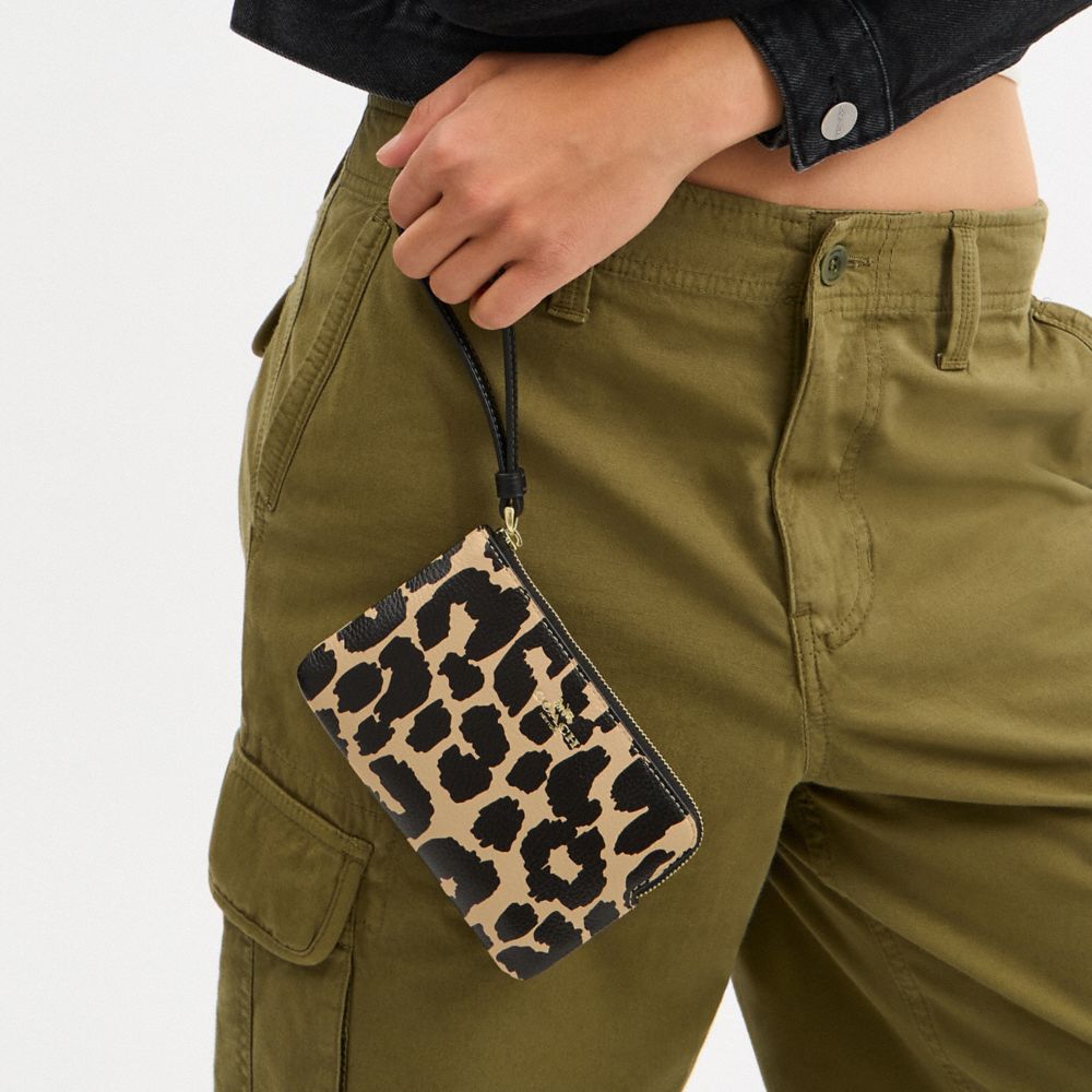 COACH®,Corner Zip Wristlet With Leopard Print,Leather,Pouch,Wristlet,Casual,Multi Color,Detail View