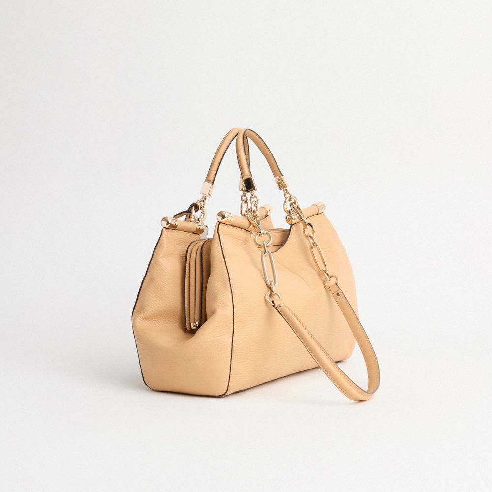 COACH®,Upcrafted Madison Carrie Bag,Leather,Satchel,Tassel,Metal,Studded,Gold Metal,Casual,Beige,Angle View