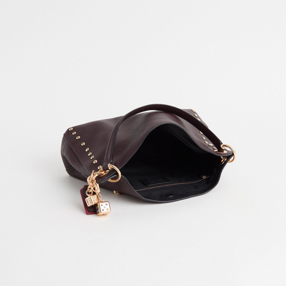 COACH®,Upcrafted Clarkson Hobo,Leather,Hobo,3D Embellishment,Embossed,Rhinestones,Logo,Studded,Metal,Gold Metal,Casual,Brown,Inside View,Top View