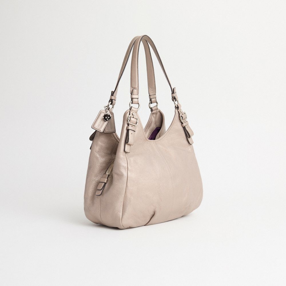 COACH®,Upcrafted Madison Maggie Bag,Leather,Hobo,Stripe,Sustainable,Silver Metal,Casual,Beige,Angle View
