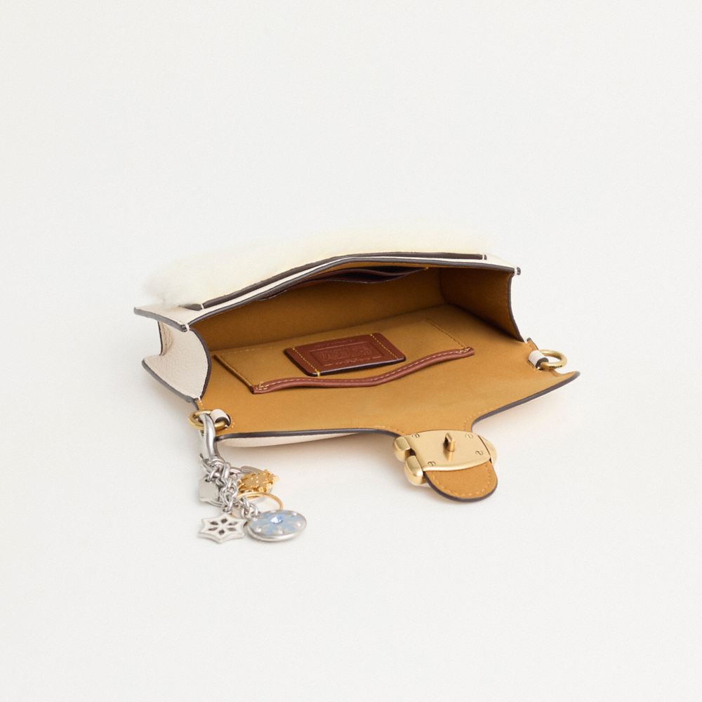 COACH®,Upcrafted Tabby Crossbody Wristlet,Leather,Wristlet,Fur Embellishment,Metal,Logo,Casual,Cream,Inside View,Top View