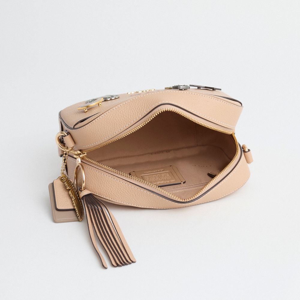 COACH®,Upcrafted Camera Bag,Leather,Camera Bag,Metal,Tassel,Logo,Gold Metal,Casual,Beige,Inside View,Top View