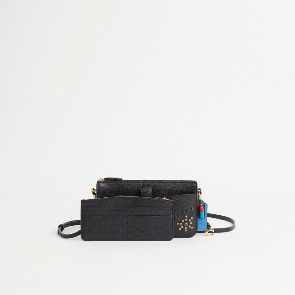 COACH®,Upcrafted Noa Pop Up Messenger,Leather,Wristlet,Faux Leather,Studded,Casual,Black,Angle View