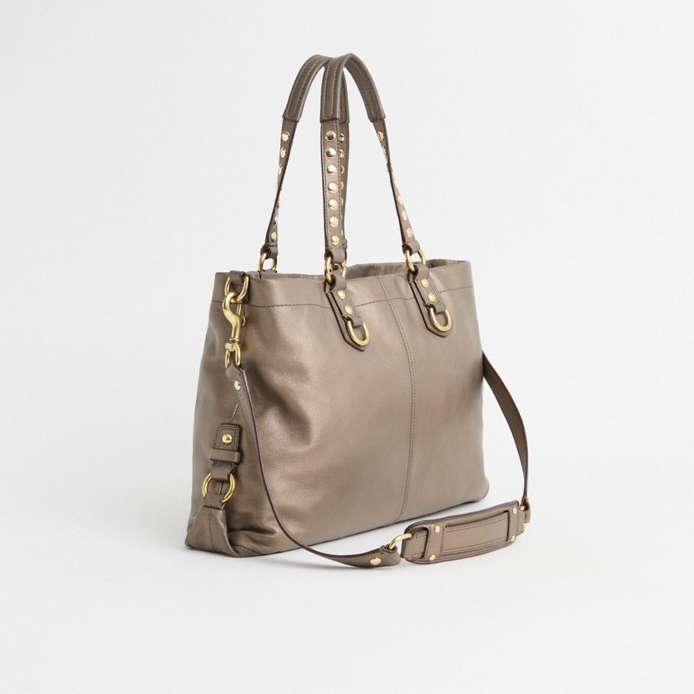 COACH®,Upcrafted Ashley Carryall,Leather,Tote,Metal,Pleats,Studded,Logo,Brass,Day Party,Beige,Angle View