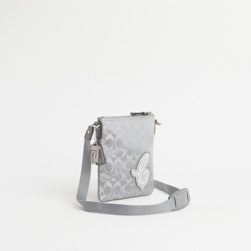COACH®,Upcrafted Mia Swingpack,Canvas,Crossbody,Stripe,3D Embellishment,Metal,Silver Metal,Casual,Gray,Angle View