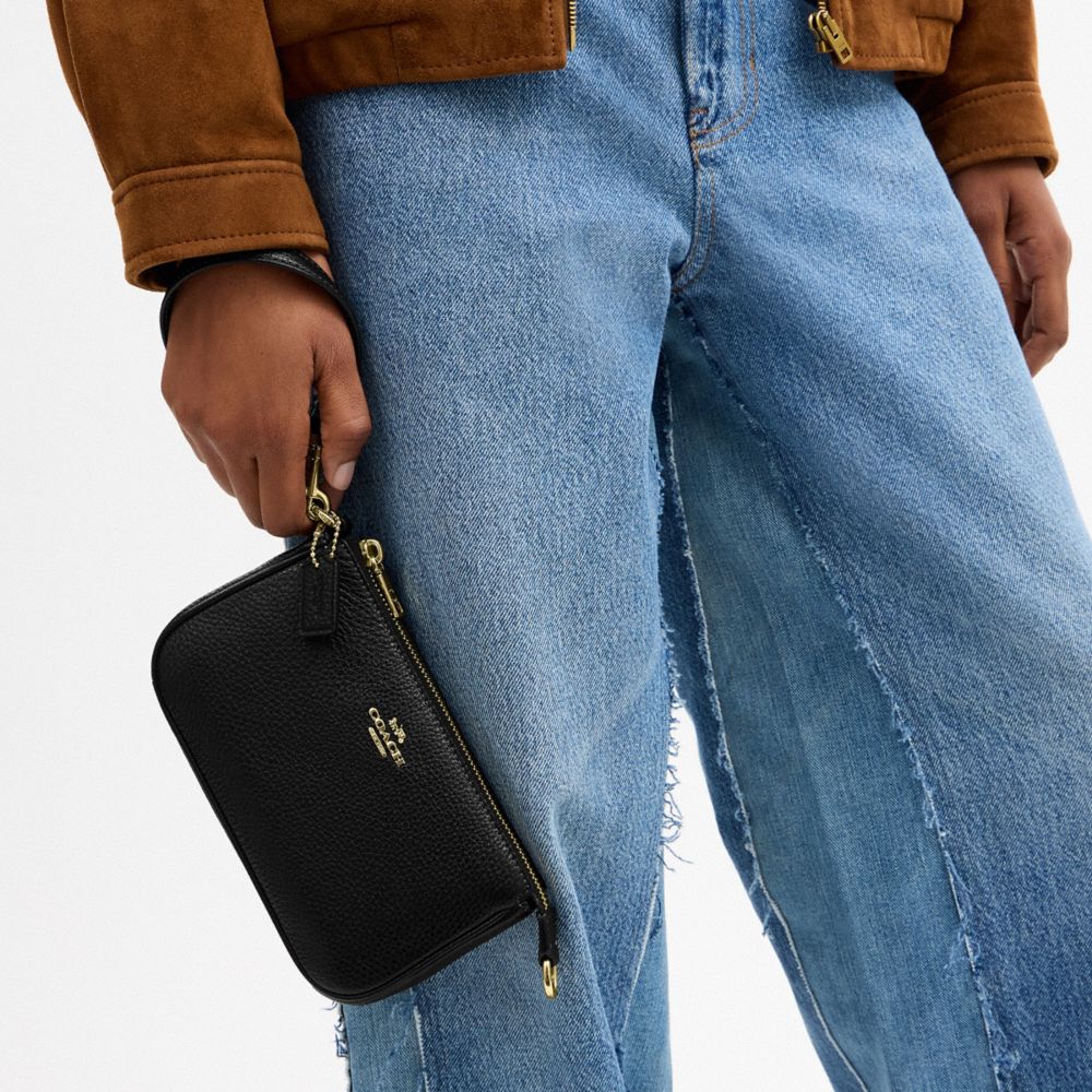 COACH®,Nolita 19,Leather,Pouch,Wristlet,Metal,Logo,Gold Metal,Casual,Black,Detail View