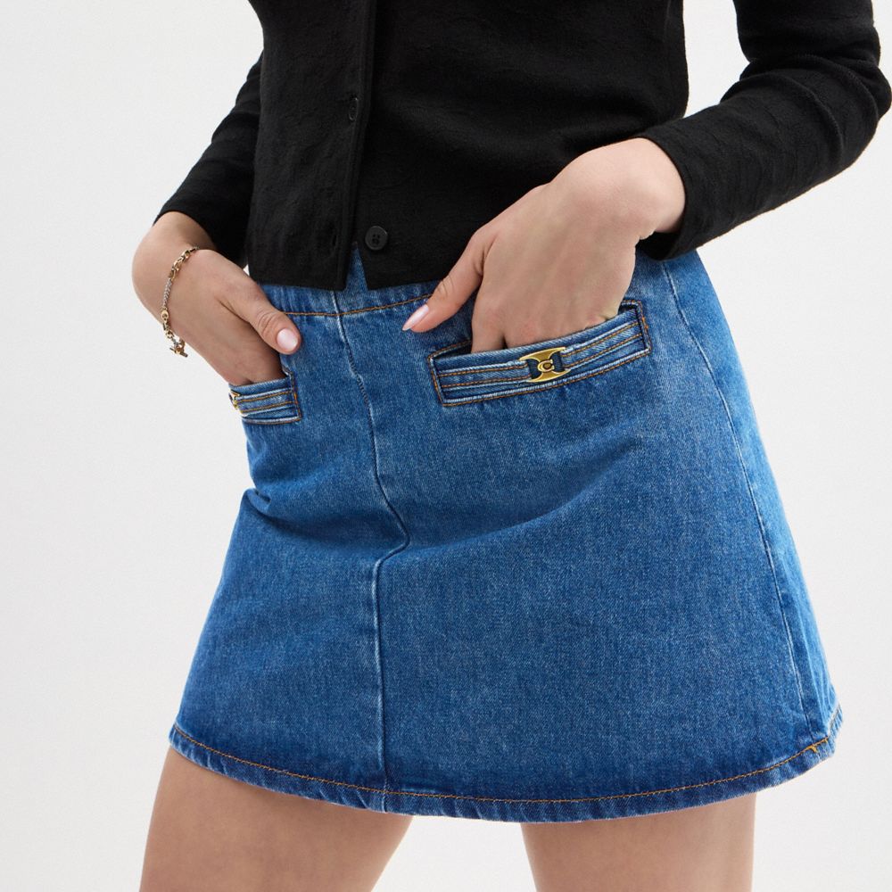 COACH®,Heritage C Denim Mini Skirt In Organic Cotton,Organic Cotton,Denim,A-Line,Metal,Logo,Casual,Blue,Detail View
