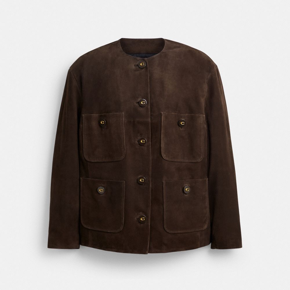 COACH®,Suede Cardigan Jacket,Brown,Front View