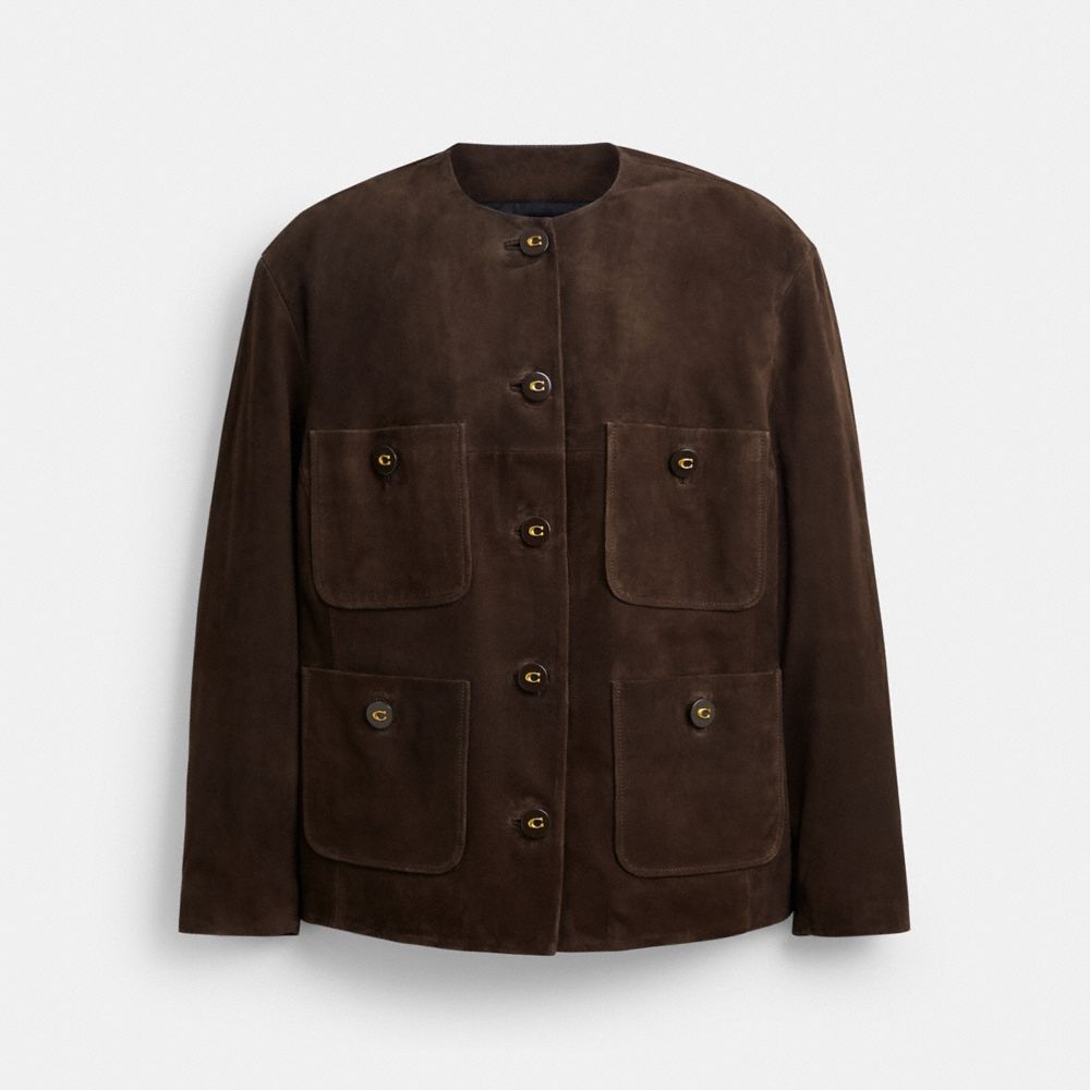 Shop Coach Suede Cardigan Jacket In Dark Brown