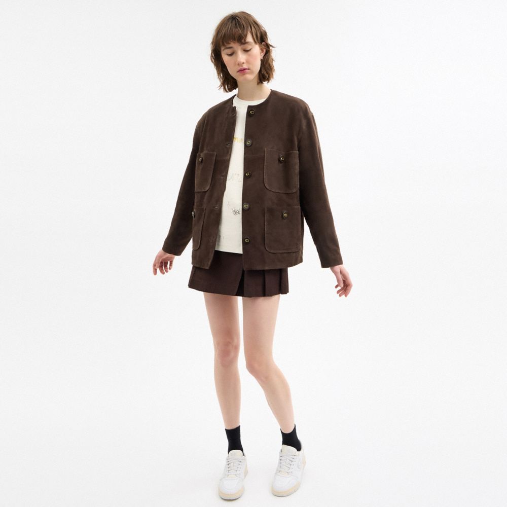 Shop Coach Suede Cardigan Jacket In Dark Brown