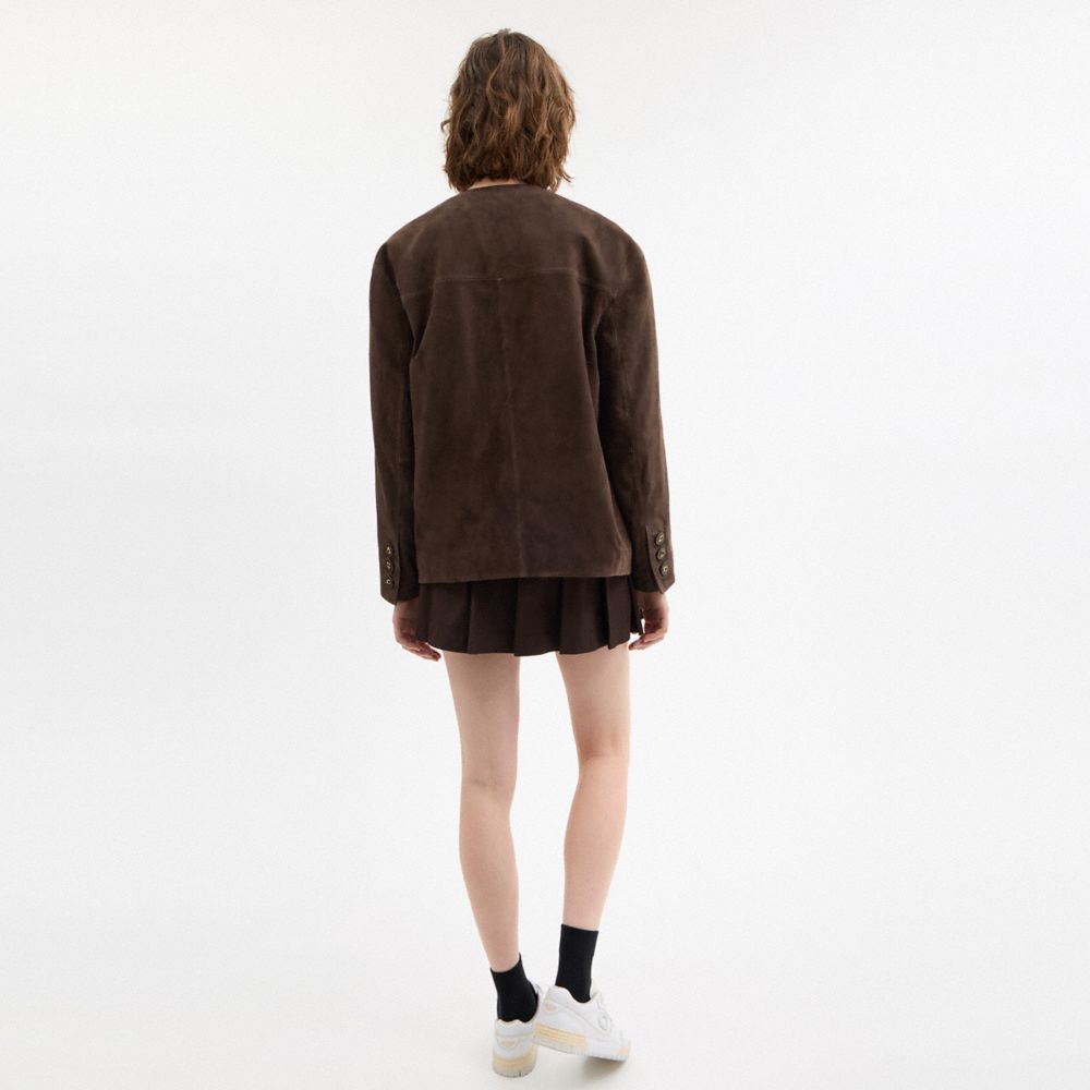 Shop Coach Suede Cardigan Jacket In Dark Brown