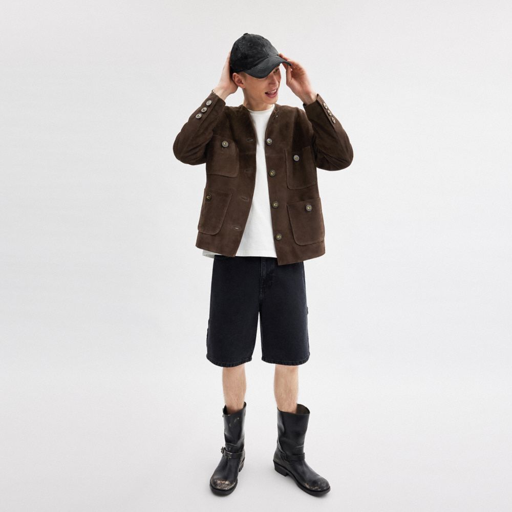 Shop Coach Suede Cardigan Jacket In Dark Brown