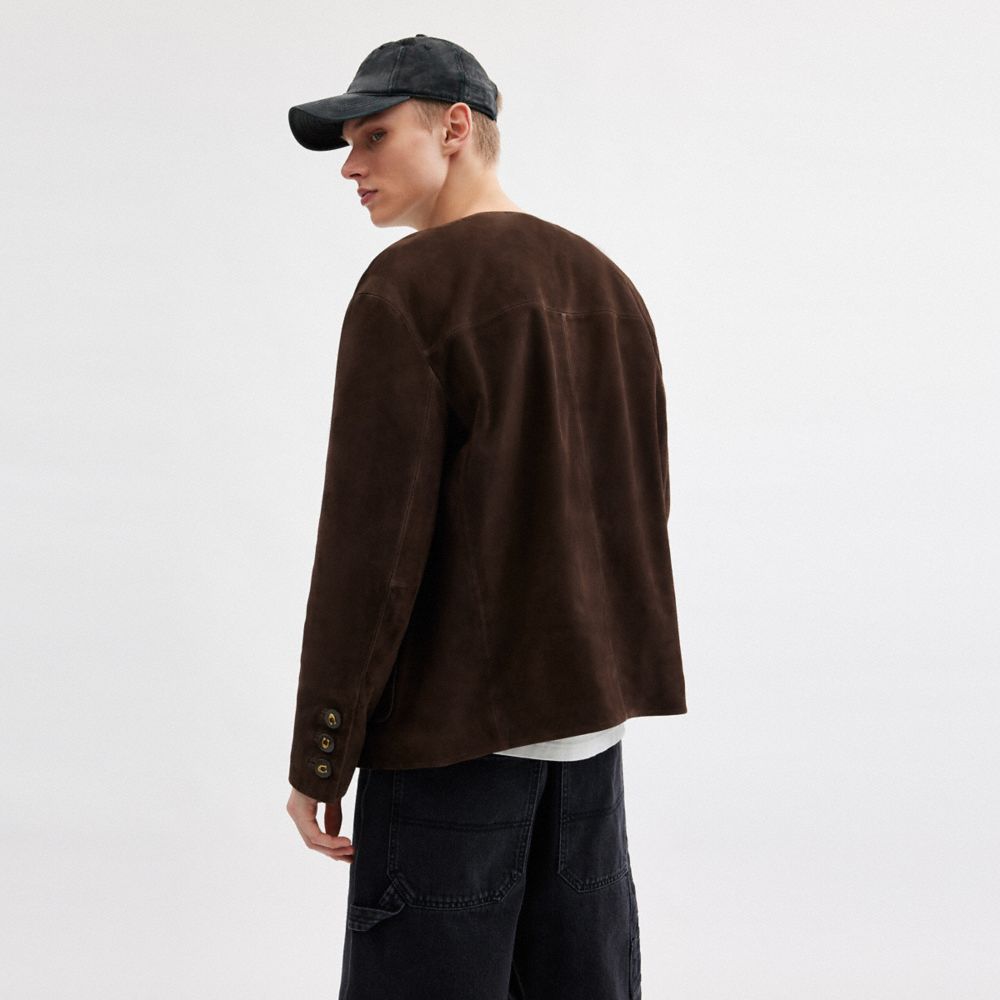 Shop Coach Suede Cardigan Jacket In Dark Brown