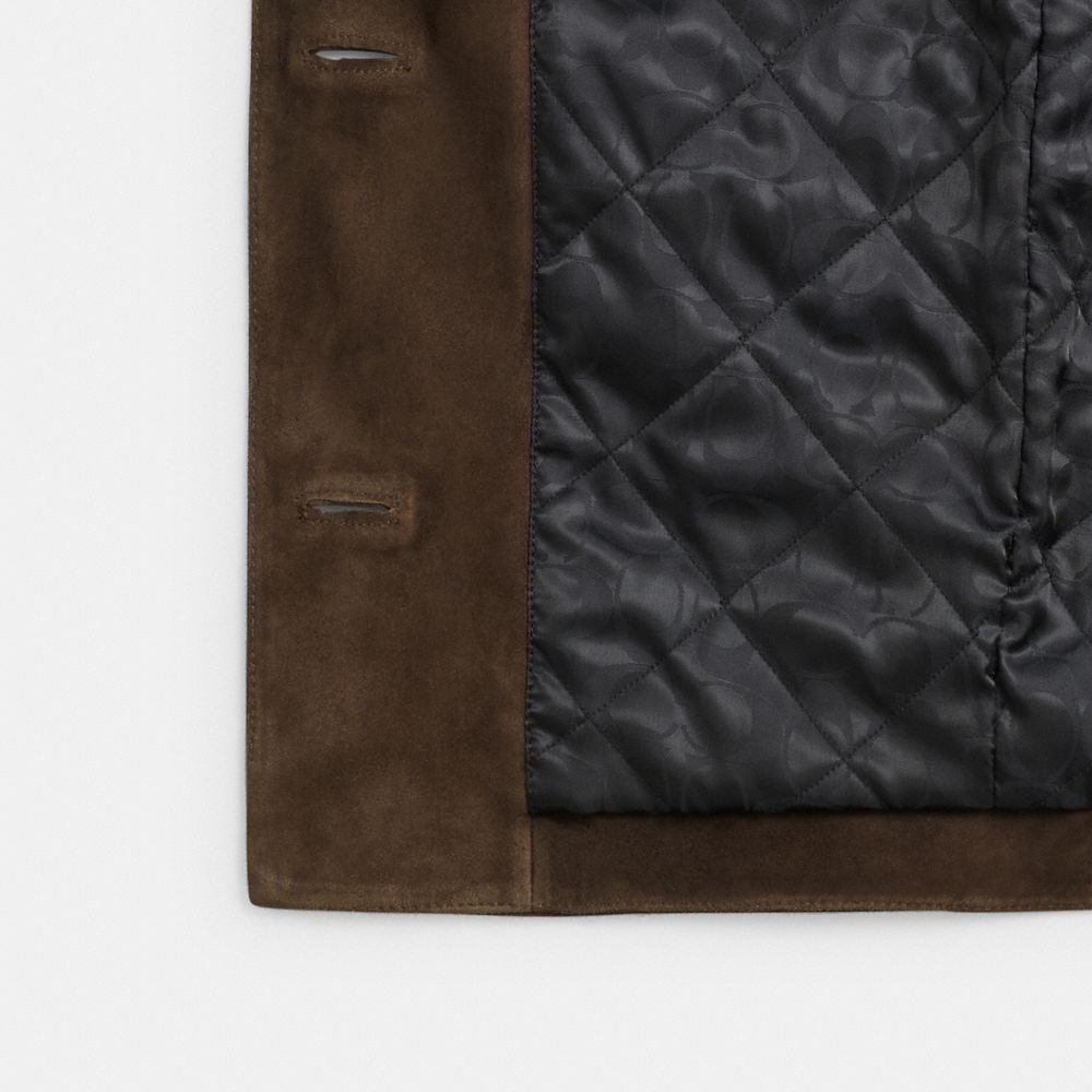 Shop Coach Suede Cardigan Jacket In Dark Brown