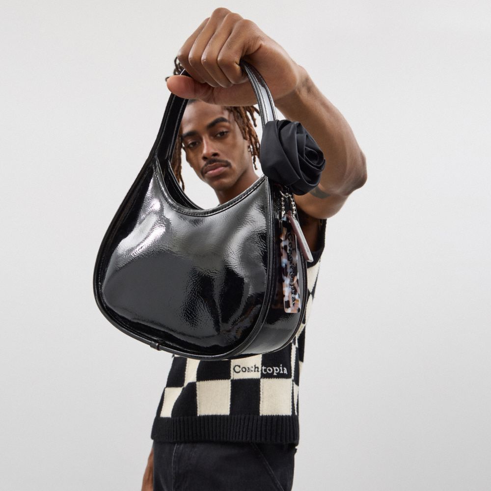 COACH®,Ergo Bag In Crinkle Patent Coachtopia Leather With Rosette,Recycled Polyester,Leather,Shoulder Bag,Logo,Sustainable...,Black,Detail View