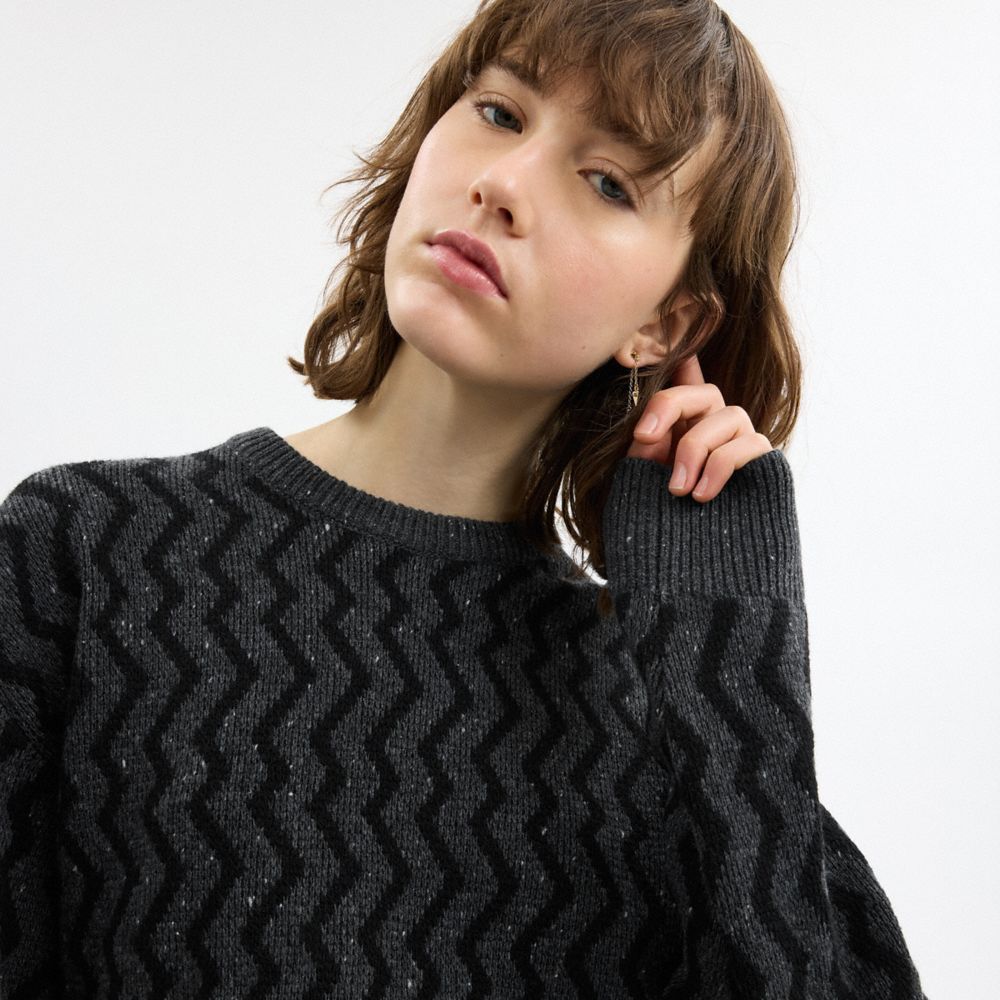 COACH®,Jacquard Sweater,Wool,Sweater,Pullover,Casual,Black,Detail View