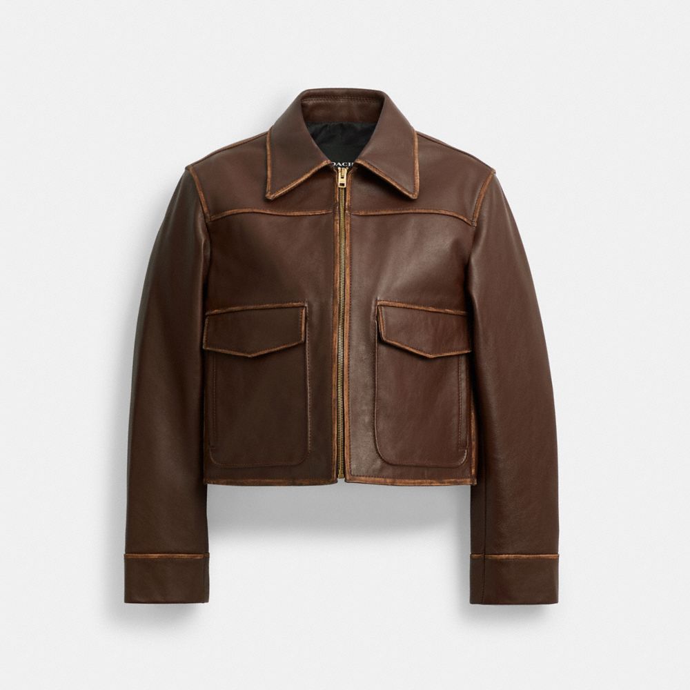 COACH®,Shrunken Leather Aviator Jacket,Brown,Front View