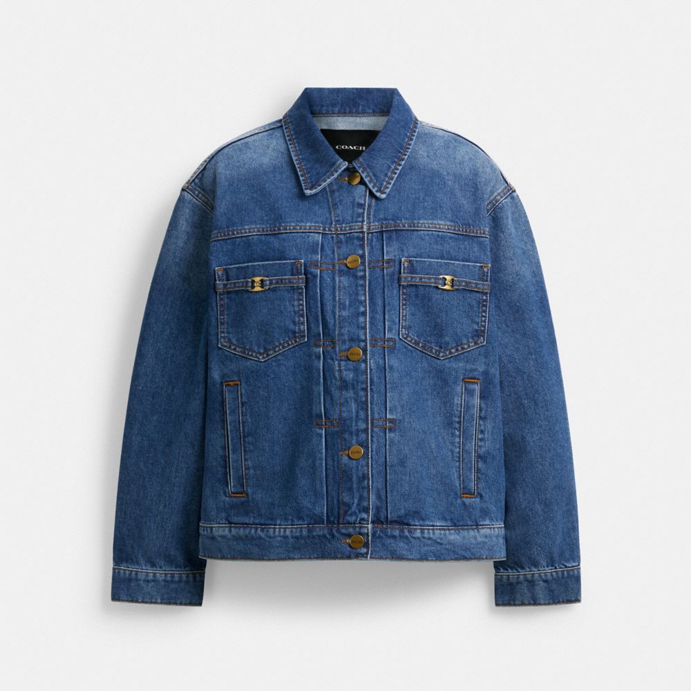 COACH®,Heritage C Denim Trucker Jacket In Organic Cotton,Organic Cotton,Denim,Eco-Friendly,Casual,Blue,Front View