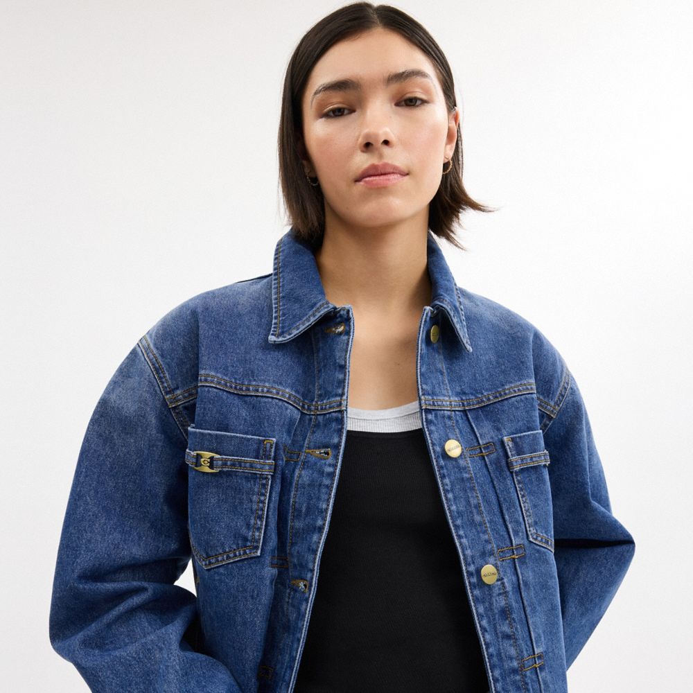 COACH®,Heritage C Denim Trucker Jacket In Organic Cotton,Organic Cotton,Denim,Eco-Friendly,Casual,Blue,Detail View