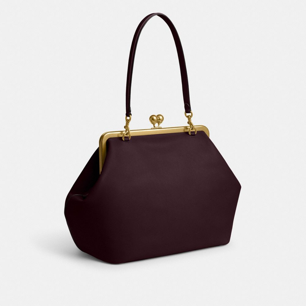 COACH®,Large Kisslock Frame Bag,Lining Leather,Leather,Clutch,Lined,Brass,Day Party,Maroon,Angle View