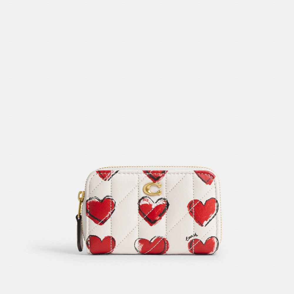Coach Essential Small Zip Around Card Case With Quilting And Heart Print