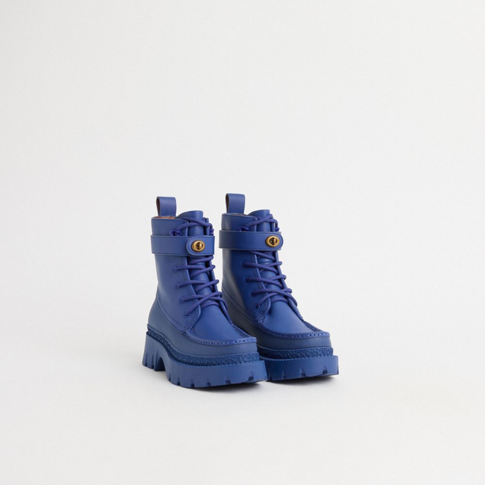 COACH®,Restored Lace Up Bootie,Rubber,Leather,Bootie,Pull Tab,Outdoor,Blue,Angle View