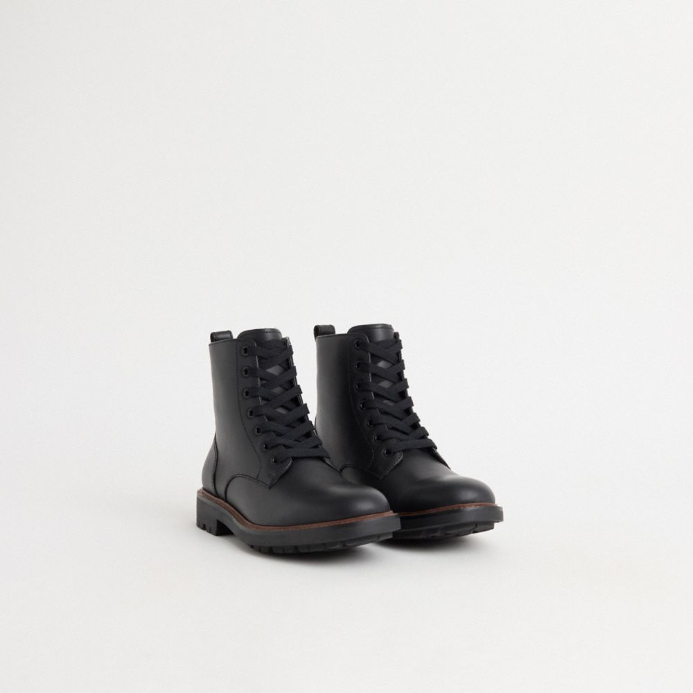 COACH®,Restored Lace Up Boot,Rubber,Leather,Combat,Boots,Casual,Black,Angle View
