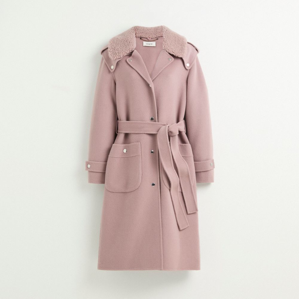 Coach Restored Double Face Midi Coat With Removable Shearling Collar In Mauve