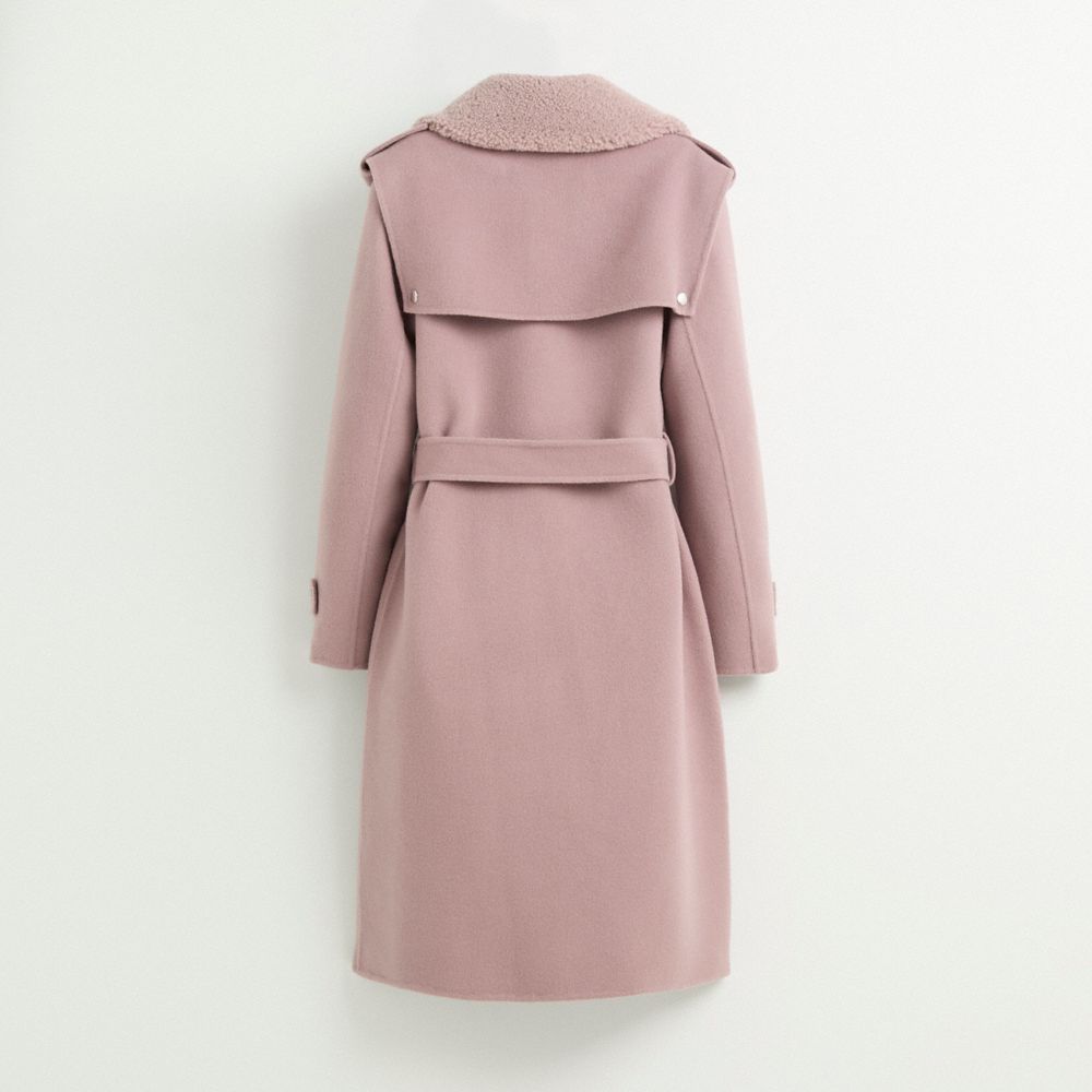 COACH®,Restored Double Face Midi Coat With Removable Shearling Collar,Cashmere,Wool,Top Coat,Button,Shearling,Tie Belt,Eco...,Blush,Back View