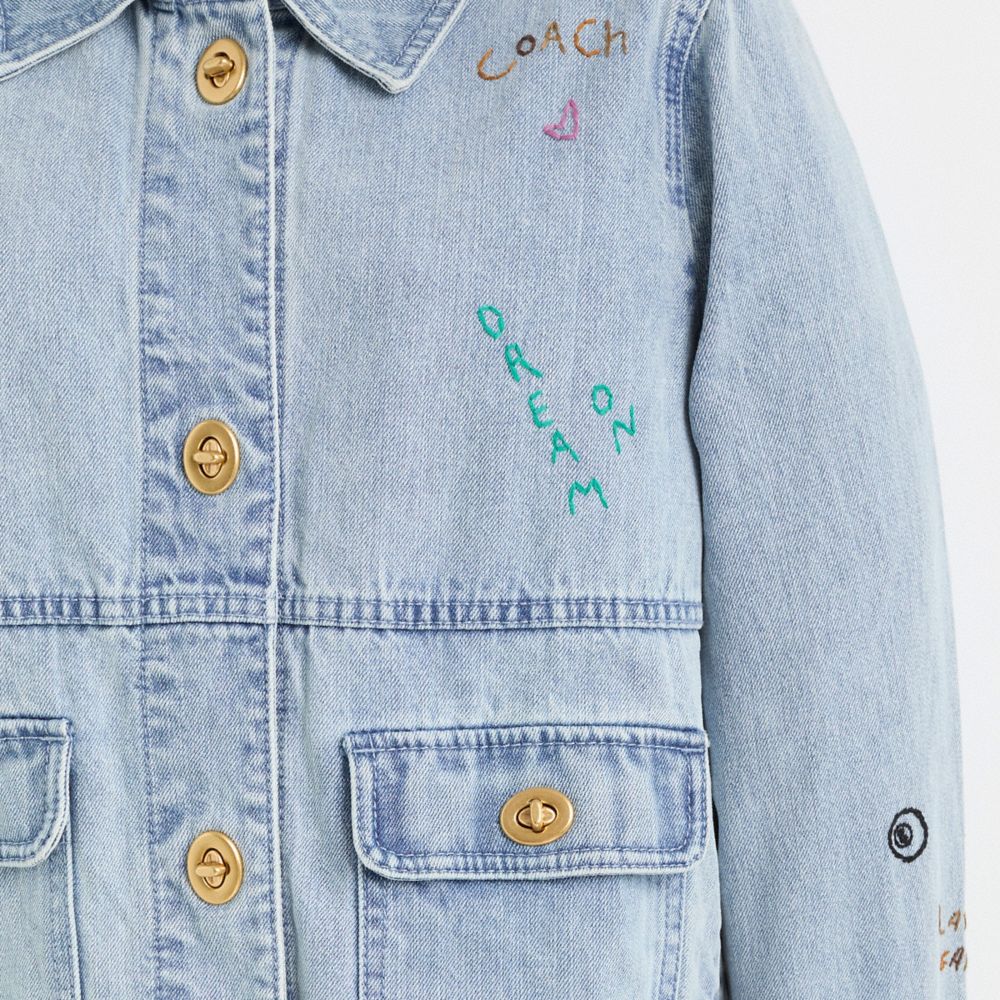 COACH®,Restored Washed Denim Jacket,Cotton,Denim,Logo,Applique,Embroidered,Eco-Friendly,Casual,Day Party,Blue,Scale View