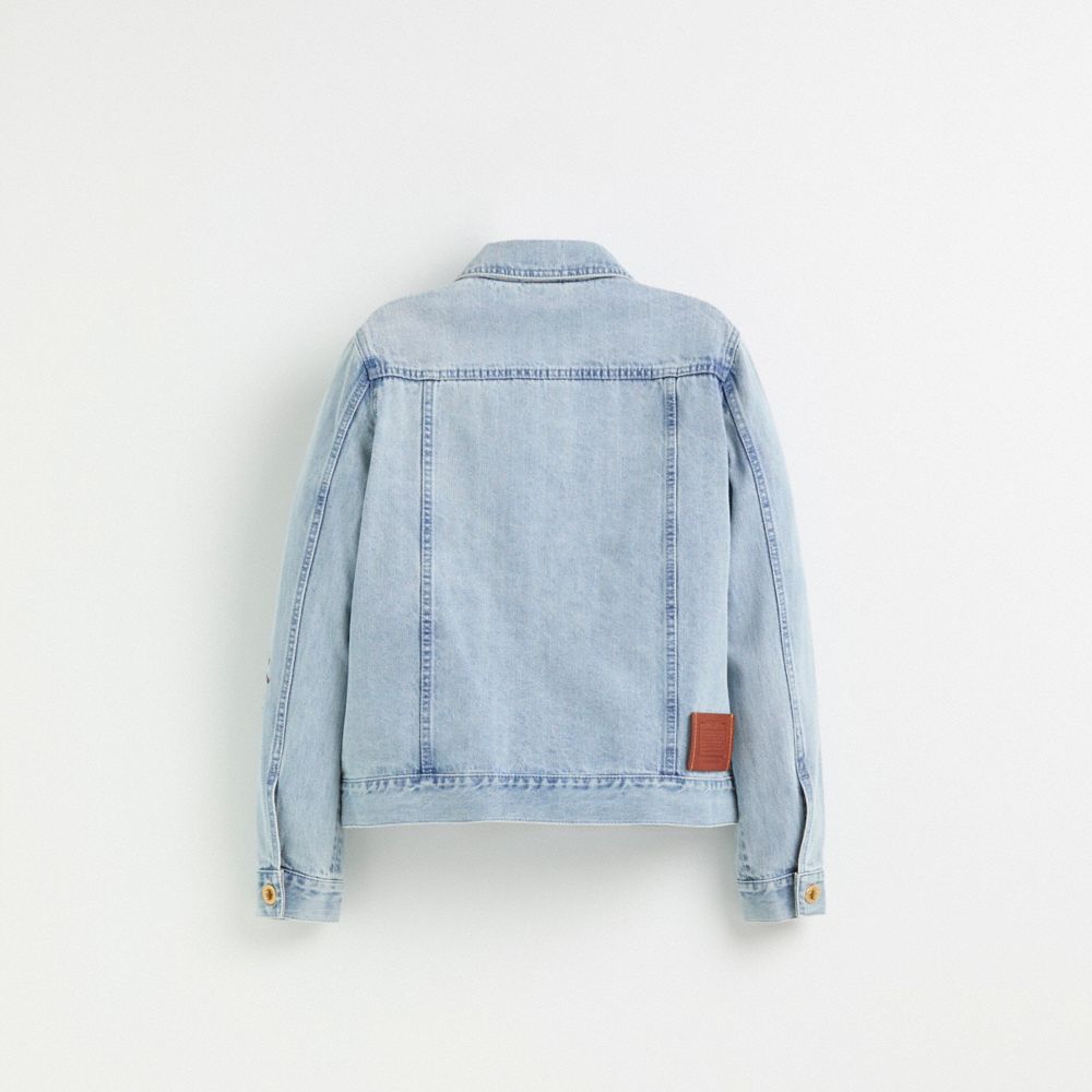 COACH®,Restored Washed Denim Jacket,Cotton,Denim,Logo,Applique,Embroidered,Eco-Friendly,Casual,Day Party,Blue,Back View