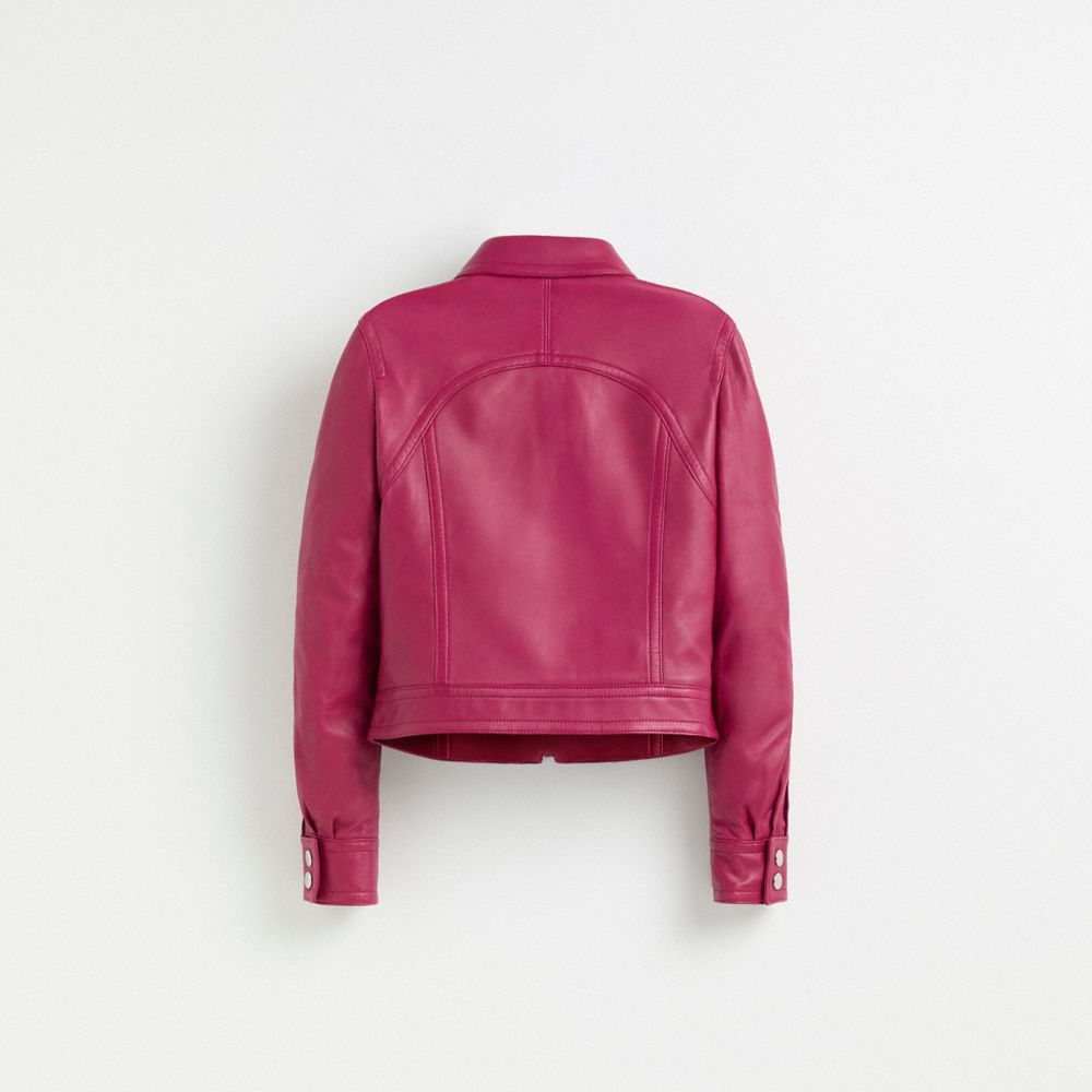 COACH®,Restored Cropped Leather Blouson Jacket,Leather,Leather,Logo,Casual,Fuchsia,Back View