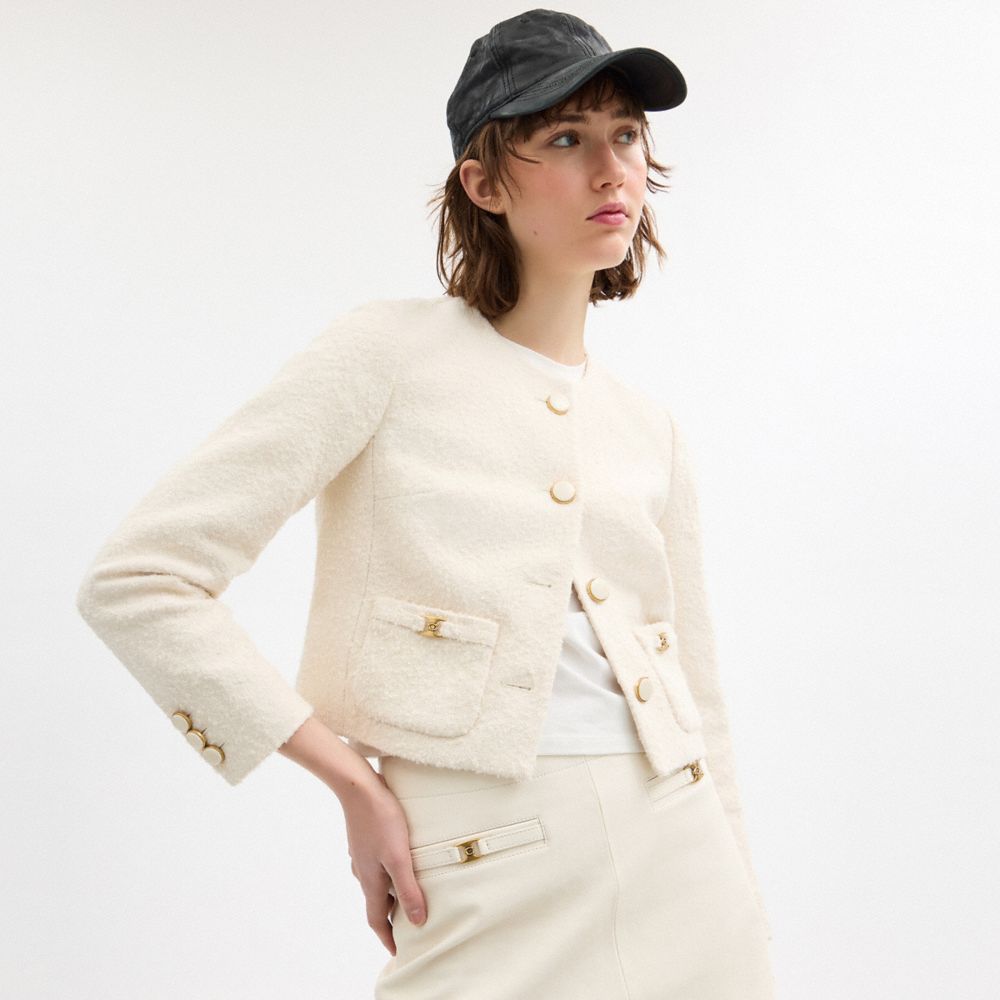 COACH®,Heritage C Boucle Jacket,Cotton Blend,Polyester Blend,Acrylic,Bouclé,Jacket,Metal,Logo,Day Party,Cream,Detail View