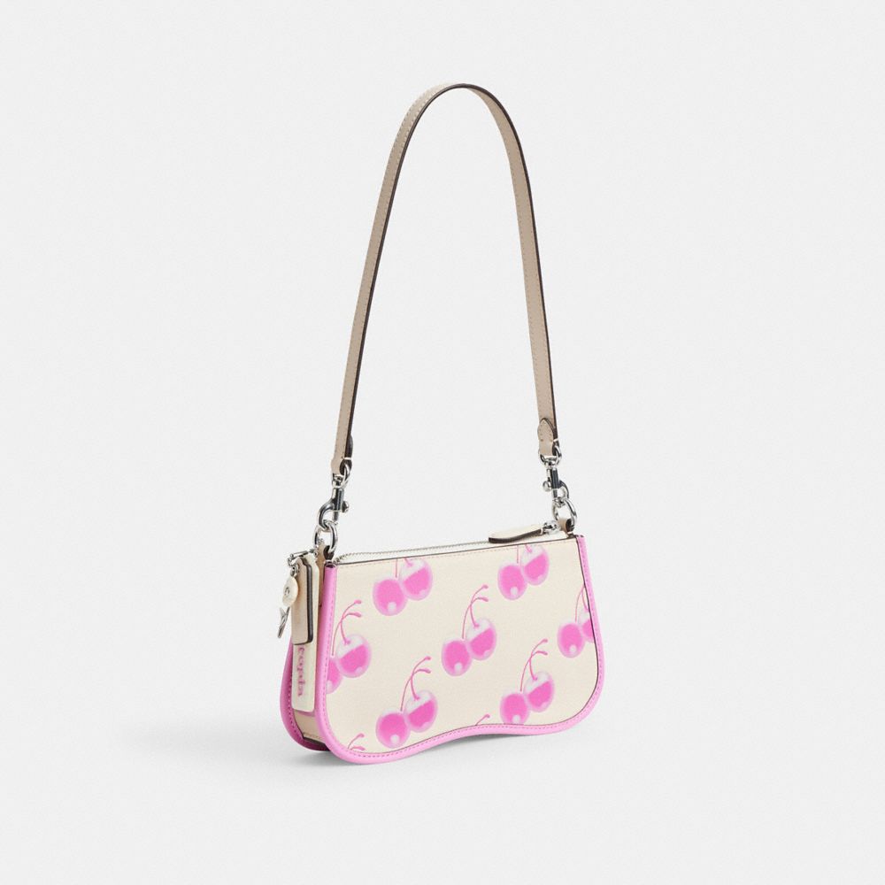 COACH®,Coachtopia | The Summer I Turned Pretty™ Small Wavy Shoulder Bag In Smooth Coachtopia Leather With Cherry Print,,Angle View