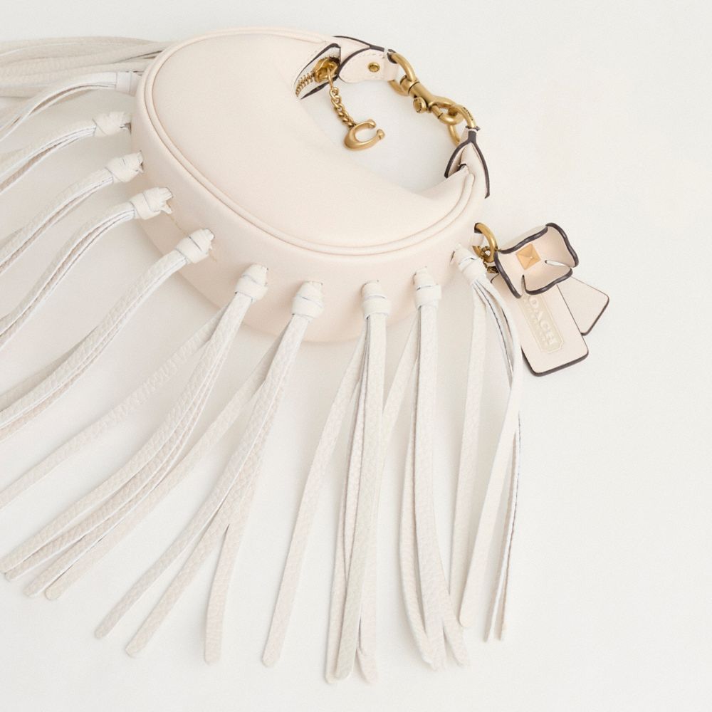 COACH®,Upcrafted Jonie Bag,Leather,Crossbody,Logo,Metal,Chain Detail,Fringe,Compact,Brass,Day Party,Cream,Closer View