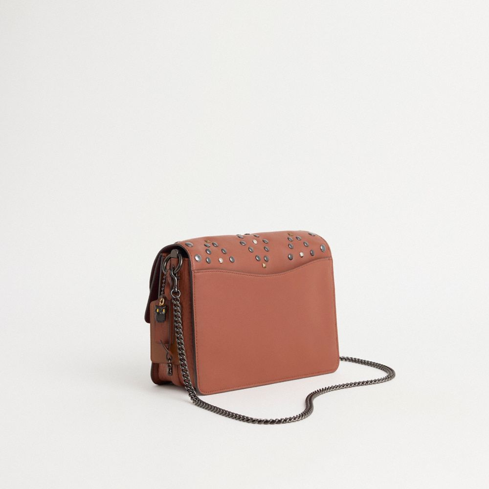 COACH®,Upcrafted Dreamer Shoulder Bag,Leather,Suede,Shoulder Bag,Logo,Mixed Media,Embossed,Studded,Metal,Mixed Metal,Day P...,Brown,Angle View