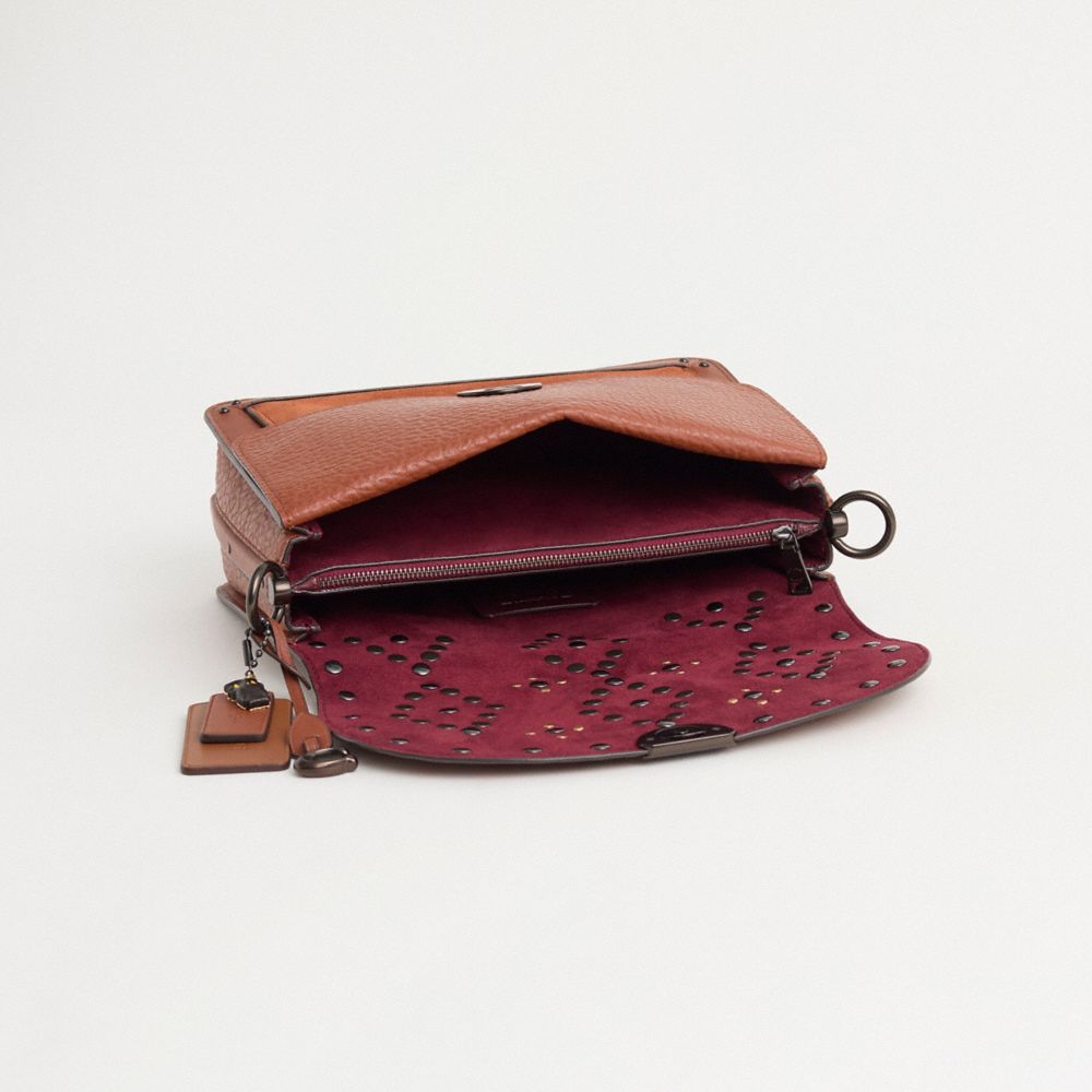 COACH®,Upcrafted Dreamer Shoulder Bag,Leather,Suede,Shoulder Bag,Logo,Mixed Media,Embossed,Studded,Metal,Mixed Metal,Day P...,Brown,Inside View,Top View