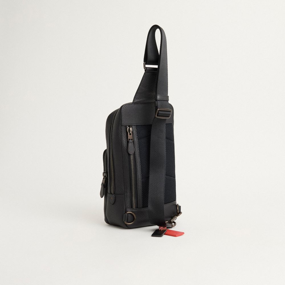 COACH®,Upcrafted Gotham Pack,Calfskin Leather,Slingback,Plastic,Applique,Metal,Logo,Adjustable,Casual,Black,Angle View