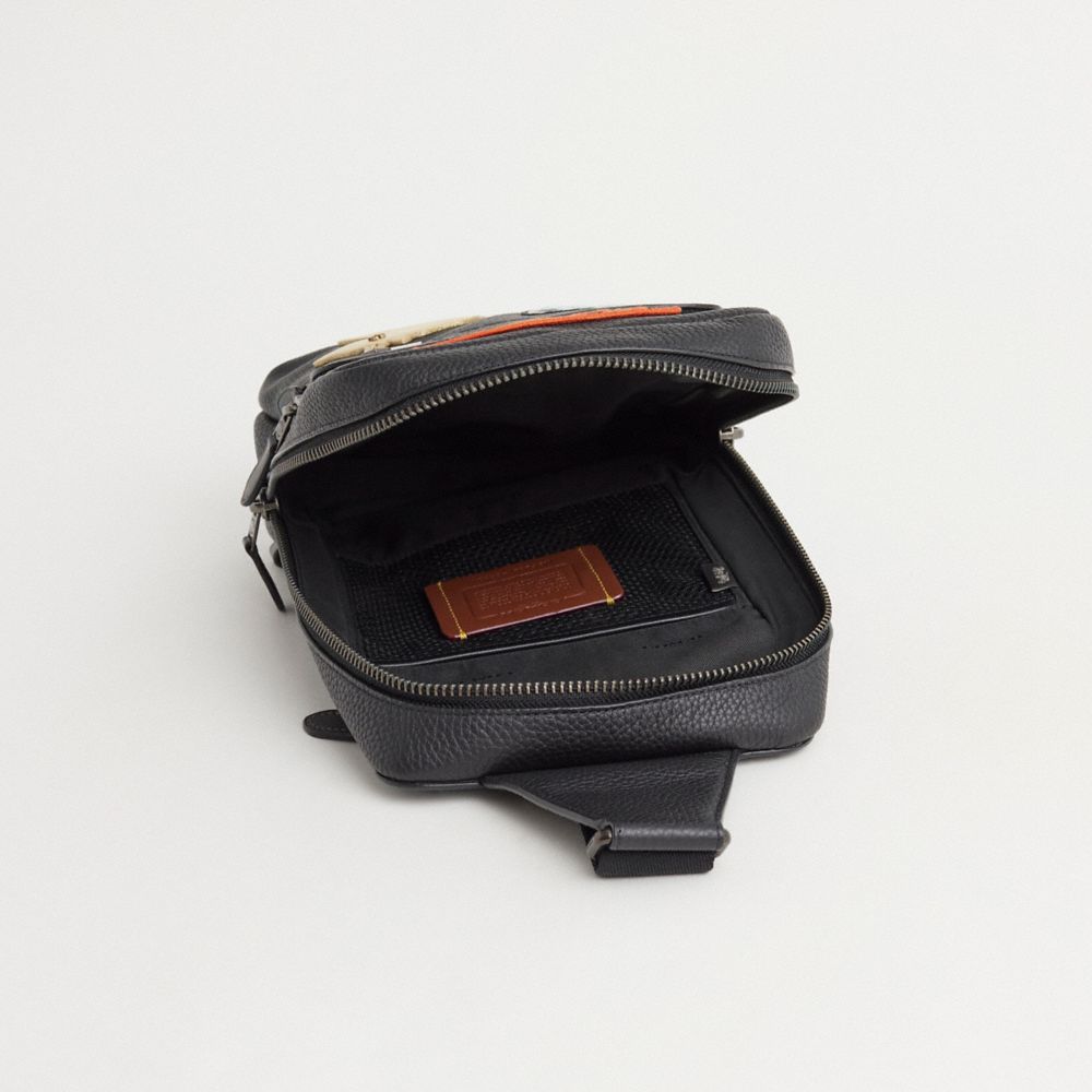 COACH®,Upcrafted Gotham Pack,Calfskin Leather,Slingback,Plastic,Applique,Metal,Logo,Adjustable,Casual,Black,Inside View,Top View