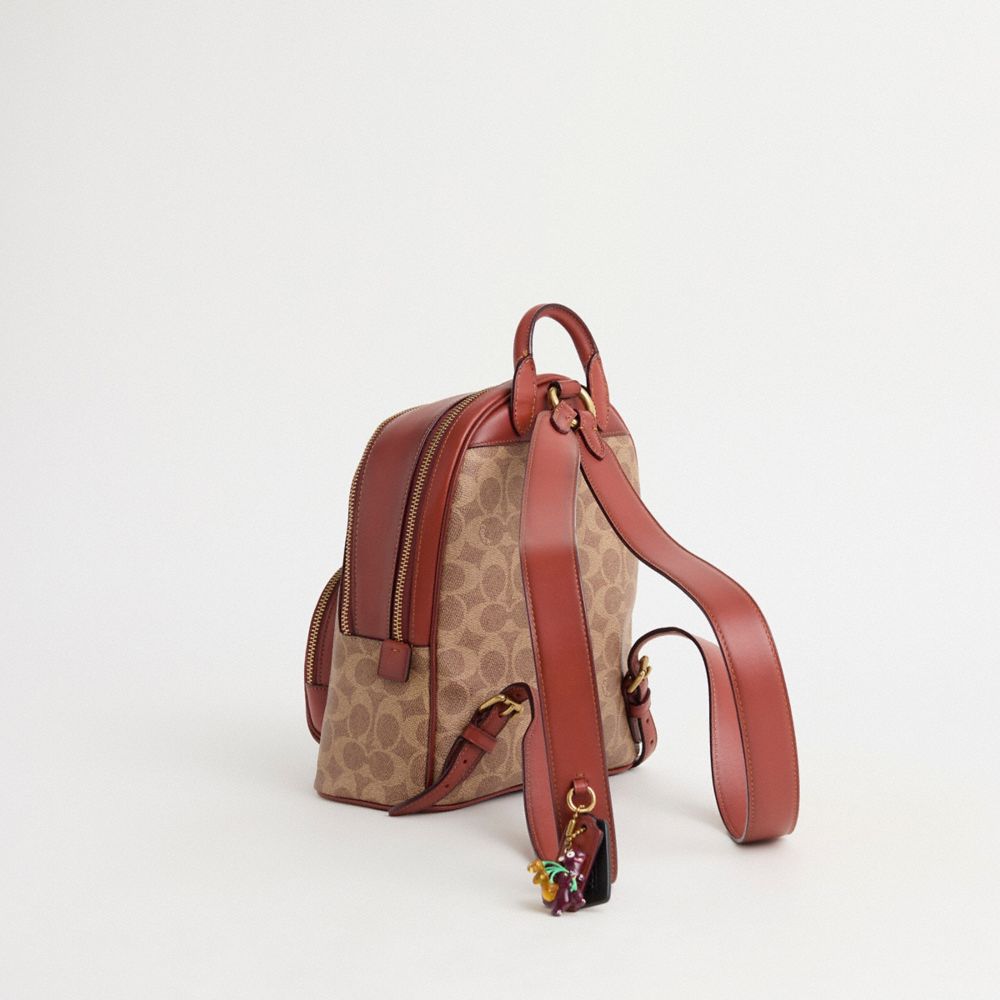 COACH®,Upcrafted Carrie Backpack 23 In Signature Canvas,Leather,Canvas,Backpack,Applique,Color Block,Metal,Brass,Casual,Beige,Angle View