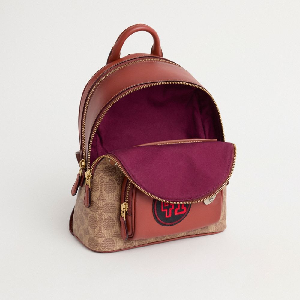 COACH®,Upcrafted Carrie Backpack 23 In Signature Canvas,Leather,Canvas,Backpack,Applique,Color Block,Metal,Brass,Casual,Beige,Inside View,Top View