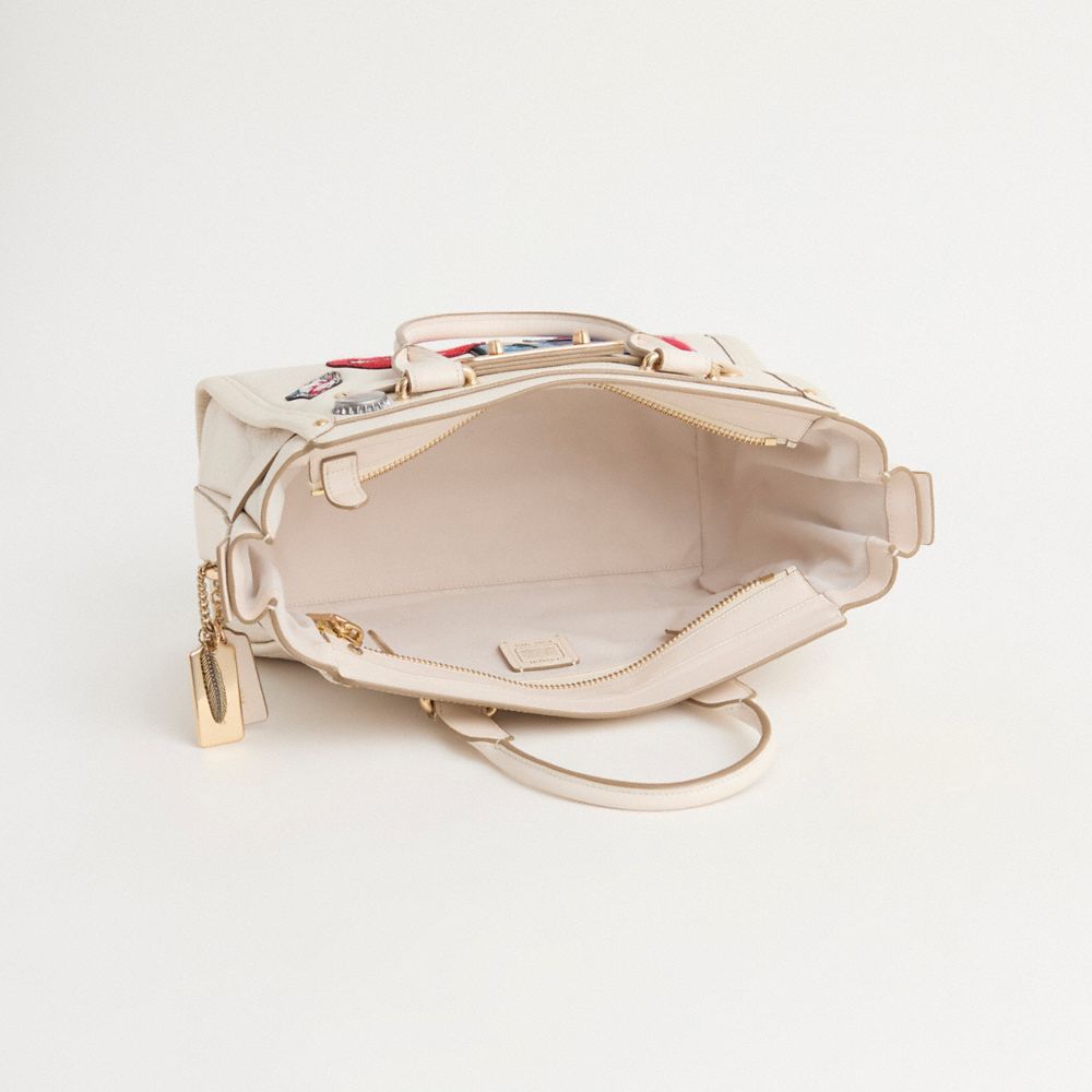COACH®,Upcrafted Coach Swagger,Leather,Satchel,Applique,Logo,Adjustable,Gold Metal,Casual,Cream,Inside View,Top View