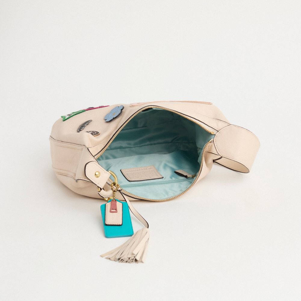 COACH®,Upcrafted Avery Small Hobo,Leather,Shoulder Bag,Applique,Tassel,Metal,Rhinestones,Logo,Studded,Shearling,Sustainabl...,Cream,Inside View,Top View
