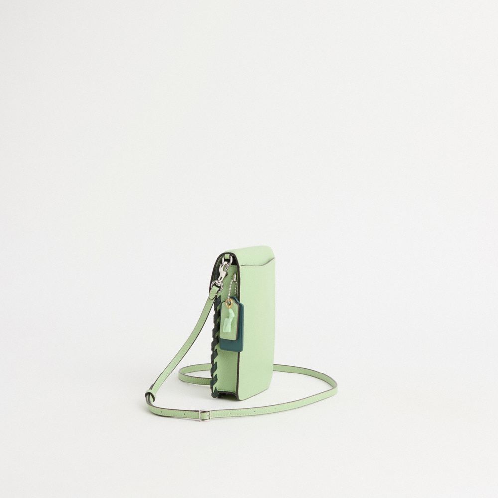 COACH®,Upcrafted Phone Crossbody Bag,Leather,Mobile Bag,Logo,Metal,Whipstitch,Compact,Silver Metal,Day Party,Green,Angle View
