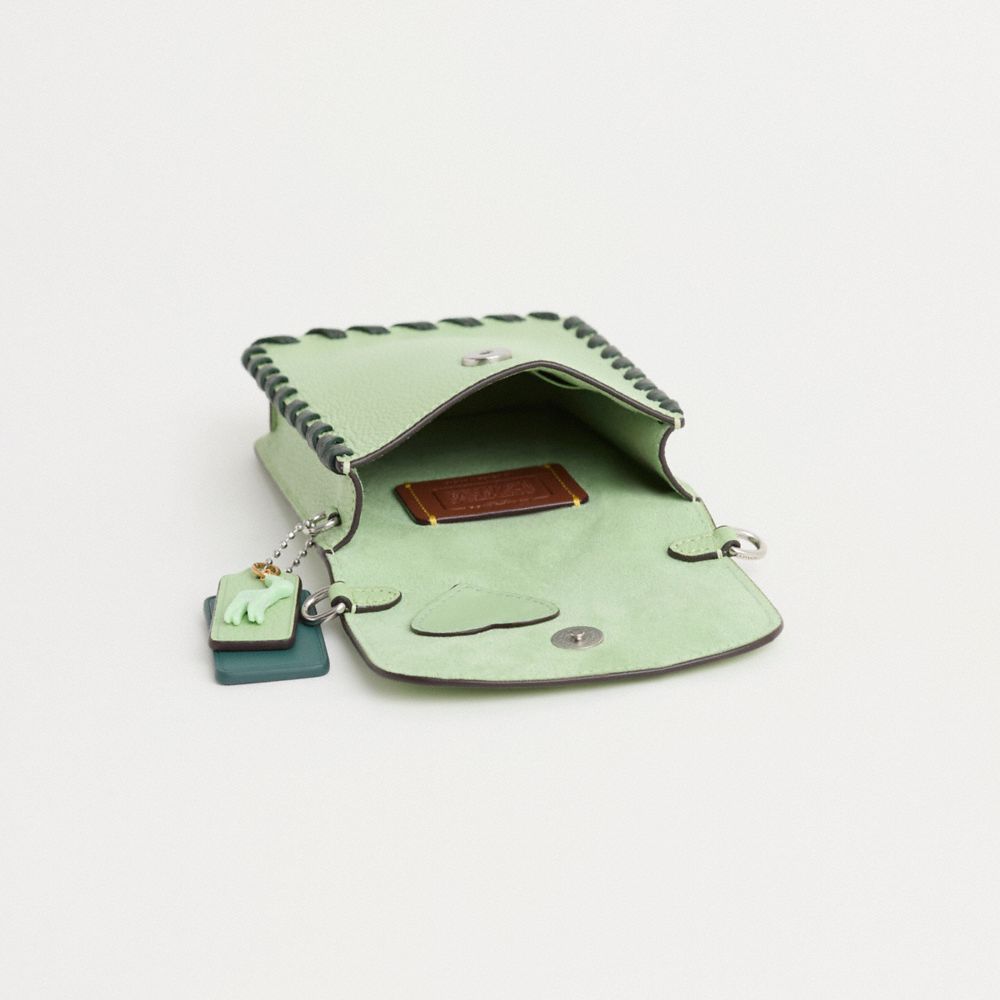 COACH®,Upcrafted Phone Crossbody Bag,Leather,Mobile Bag,Logo,Metal,Whipstitch,Compact,Silver Metal,Day Party,Green,Inside View,Top View