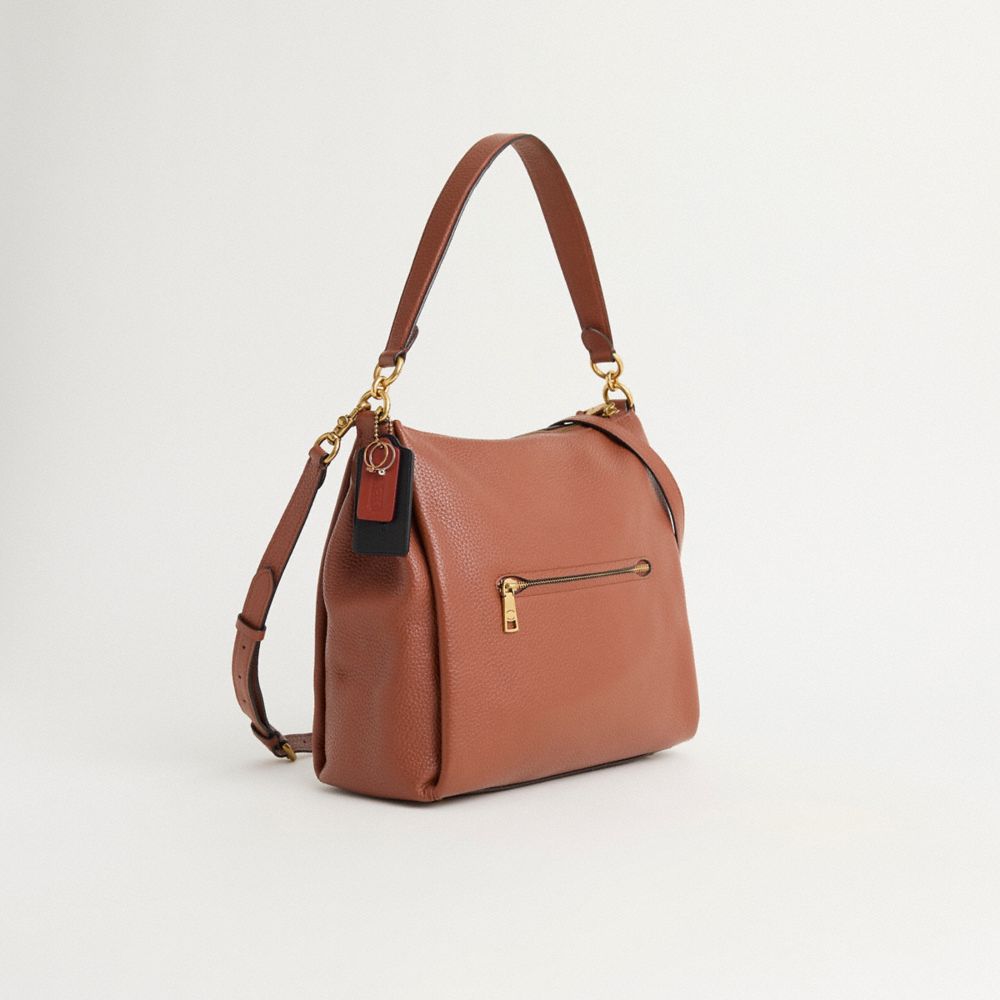 COACH®,Upcrafted Shay Shoulder Bag,Leather,Shoulder Bag,Pearl,Embossed,Logo,Metal,Applique,Sustainable,Brass,Casual,Brown,Angle View
