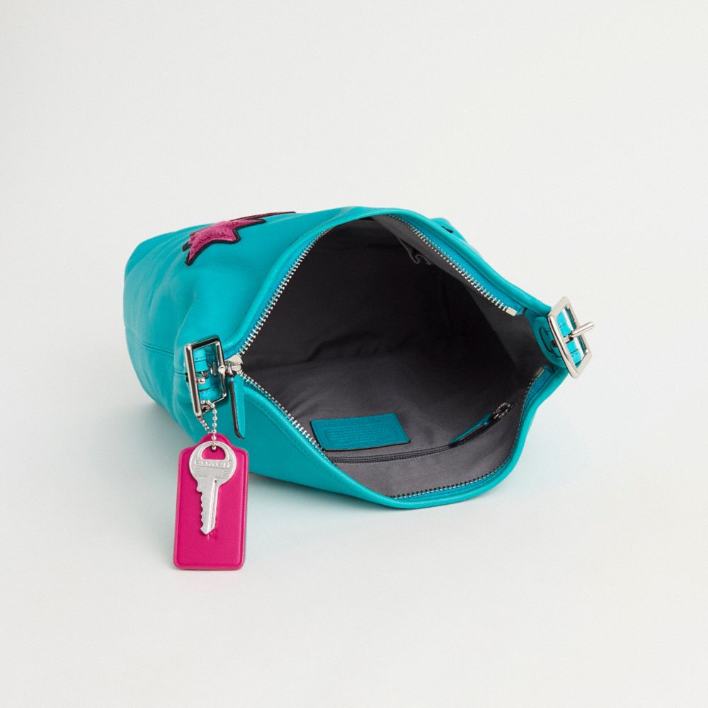 COACH®,Upcrafted Legacy Leather Duffle,Leather,Shoulder Bag,Applique,Shearling,Metal,Tassel,Logo,Silver Metal,Casual,Turquoise,Inside View,Top View