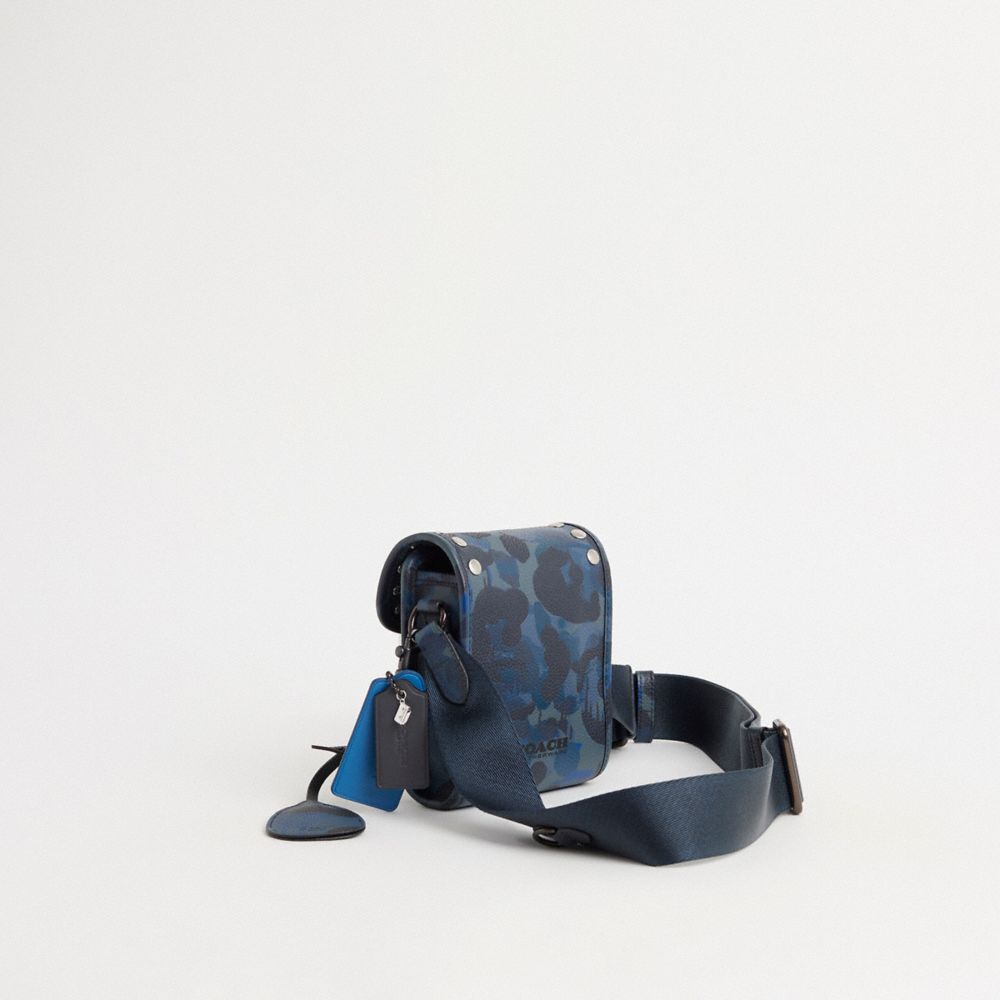 COACH®,Upcrafted Charter North South Crossbody In Camo Print,Leather,Crossbody,Plastic,Logo,Studded,Silver Metal,Casual,Blue,Angle View