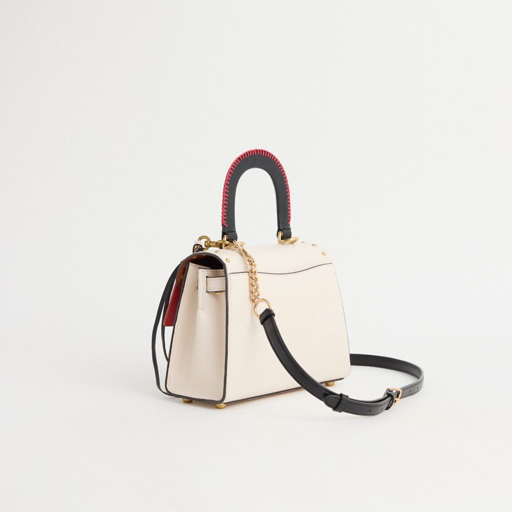 COACH®,Upcrafted Sammy Top Handle Bag,Calfskin Leather,Satchel,Color Block,Logo,Metal,Chain Detail,Whipstitch,Studded,Bras...,Cream,Angle View