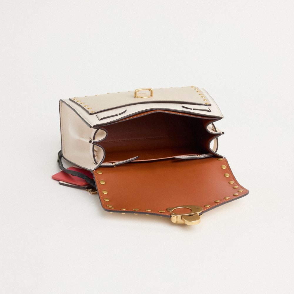 COACH®,Upcrafted Sammy Top Handle Bag,Calfskin Leather,Satchel,Color Block,Logo,Metal,Chain Detail,Whipstitch,Studded,Bras...,Cream,Inside View,Top View